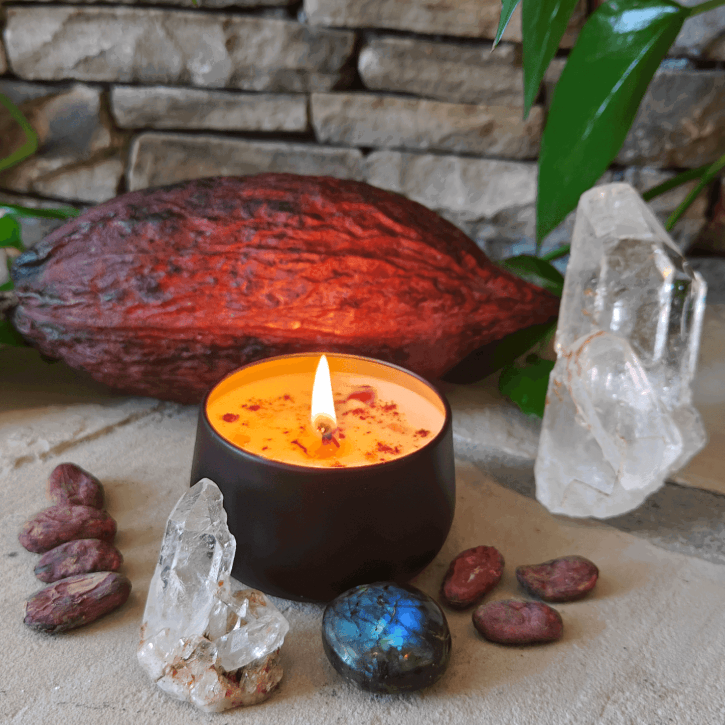 Maya Moon Cacao Infused Candle, Natural Soy with Healing Crystals, Unique Holistic Gift - Maya Moon Cacao