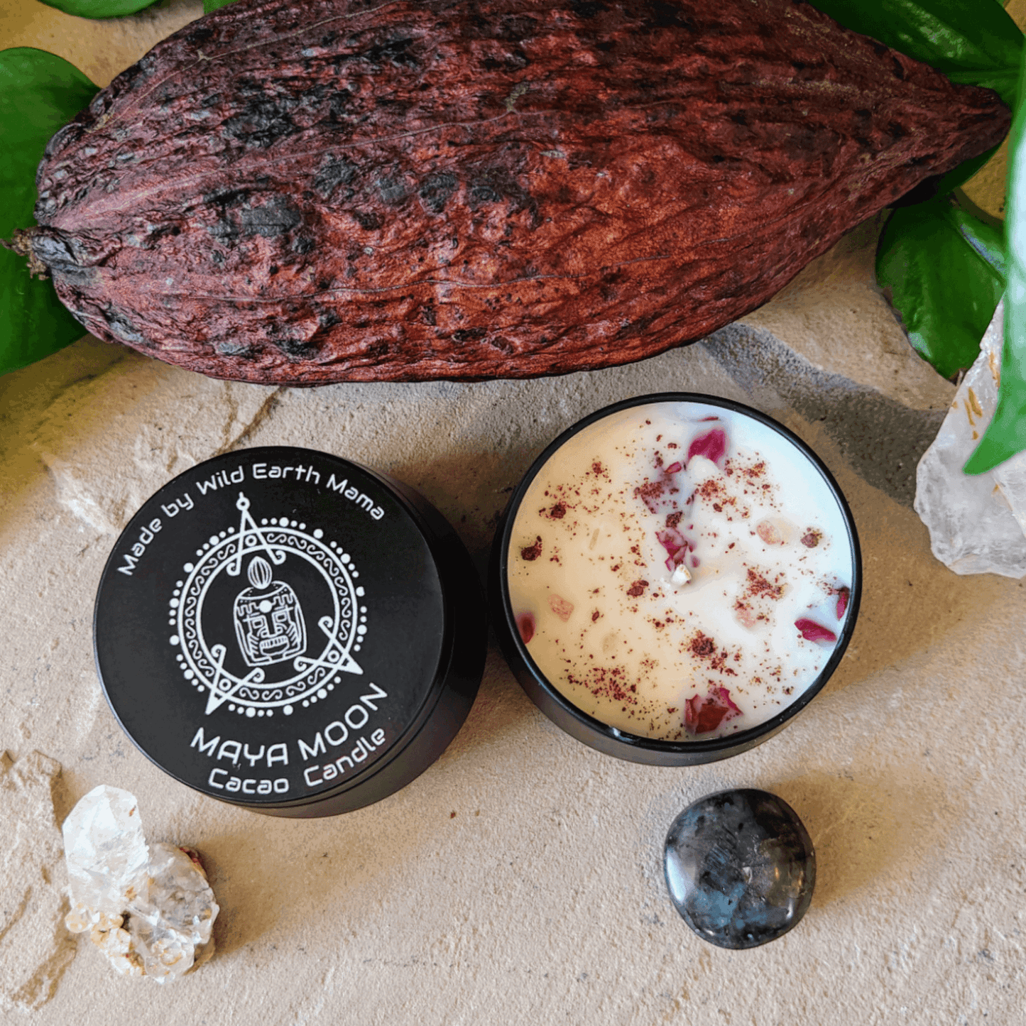 Maya Moon Cacao Infused Candle, Natural Soy with Healing Crystals, Unique Holistic Gift - Maya Moon Cacao