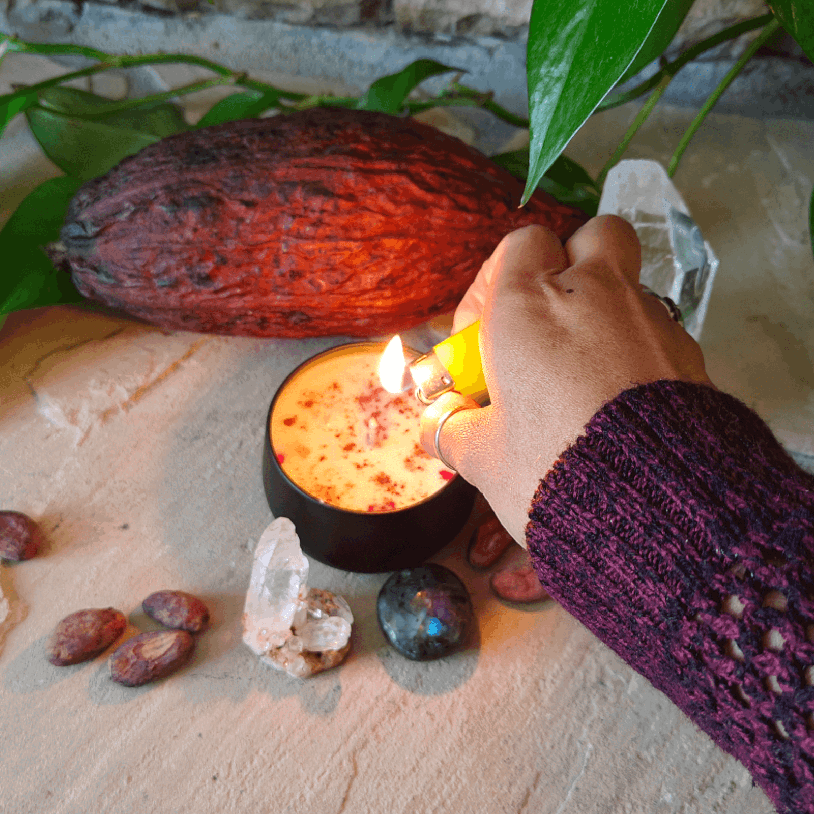 Maya Moon Cacao Infused Candle, Natural Soy with Healing Crystals, Unique Holistic Gift - Maya Moon Cacao