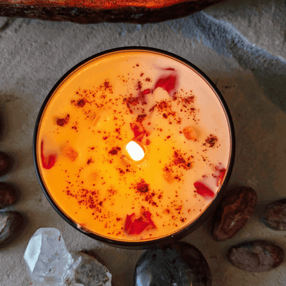 Maya Moon Cacao Infused Candle, Natural Soy with Healing Crystals, Unique Holistic Gift - Maya Moon Cacao