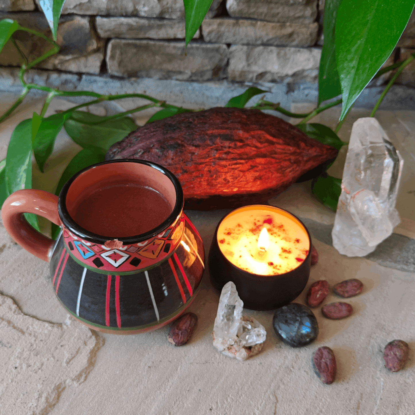 Maya Moon Cacao Infused Candle, Natural Soy with Healing Crystals, Unique Holistic Gift - Maya Moon Cacao