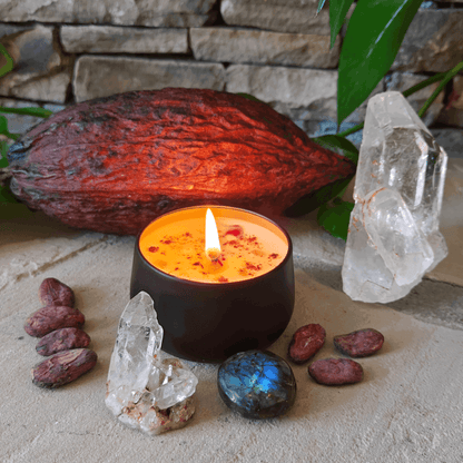 Maya Moon Cacao Infused Candle, Natural Soy with Healing Crystals, Unique Holistic Gift - Maya Moon Cacao