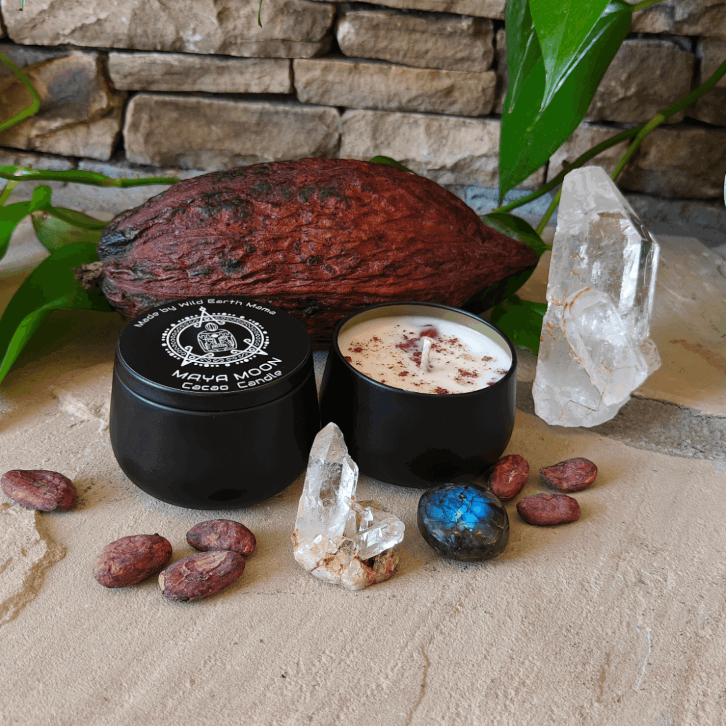 Maya Moon Cacao Infused Candle, Natural Soy with Healing Crystals, Unique Holistic Gift - Maya Moon Cacao