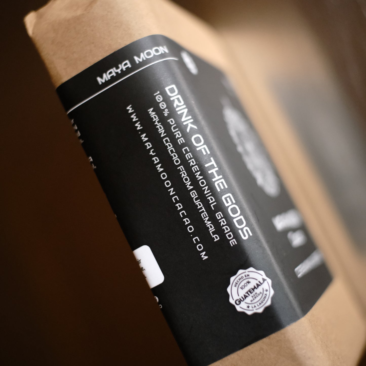 Label close-up – Certified Ceremonial Cacao® handmade by Indigenous women, 1 lb cacao paste