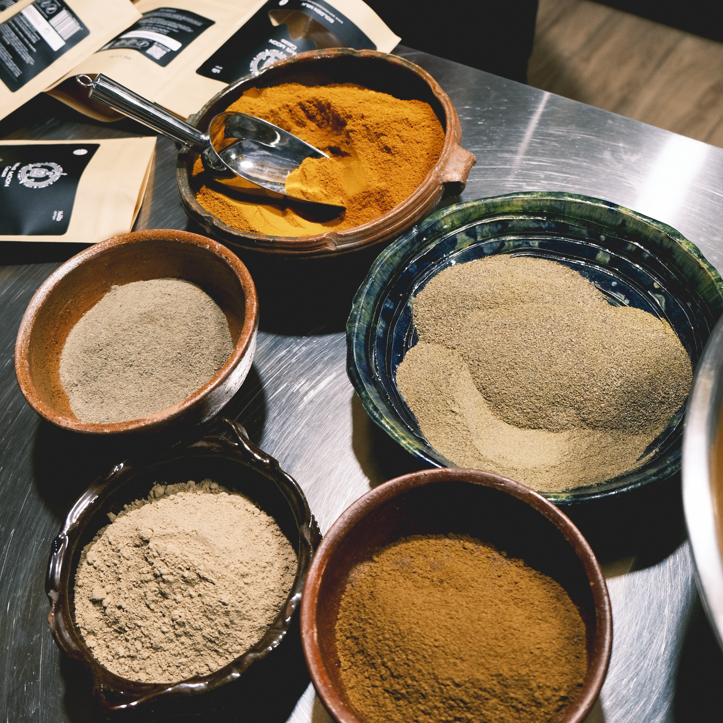 Roots and spices for wellness – ginger, turmeric, cinnamon prepared by hand