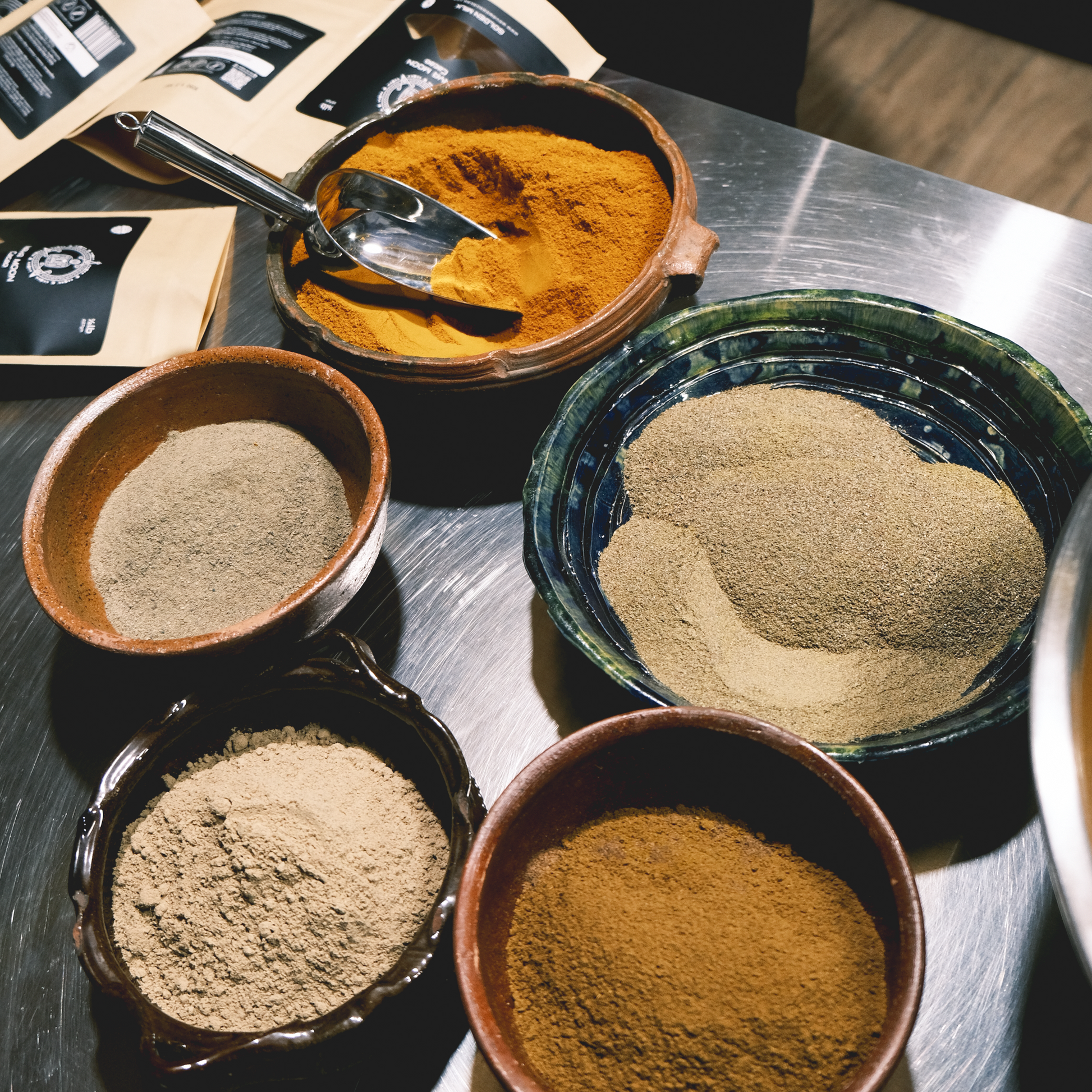 Roots and spices for wellness – ginger, turmeric, cinnamon prepared by hand