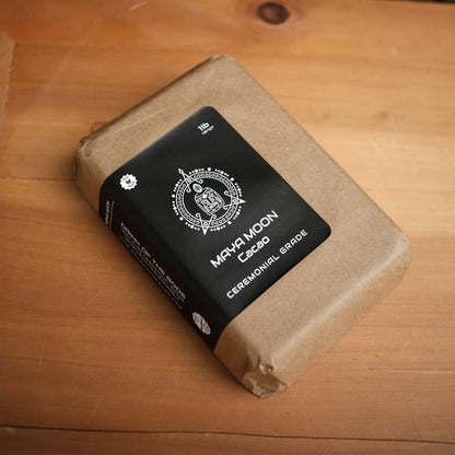 Front view of 1 lb ceremonial cacao block – organic Mayan cacao, 100% pure cacao paste, handmade in Guatemala