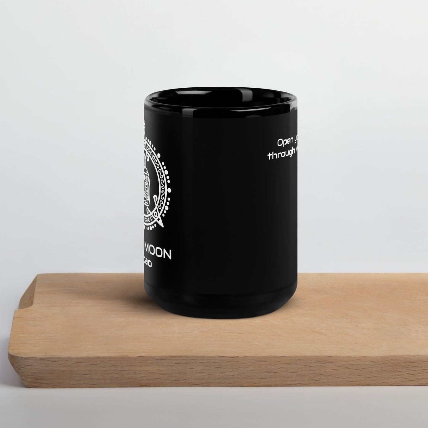 Maya Moon black 15oz glossy ceramic ceremonial cacao mug front view