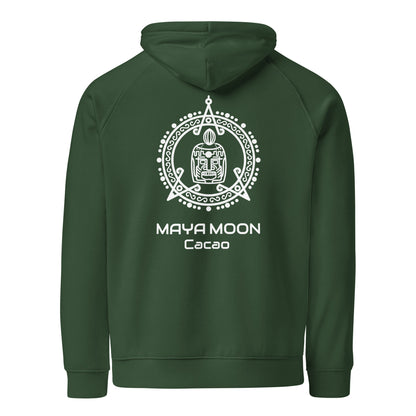 Bottle green eco raglan hoodie back view organic cotton unisex Maya Moon cacao lifestyle apparel