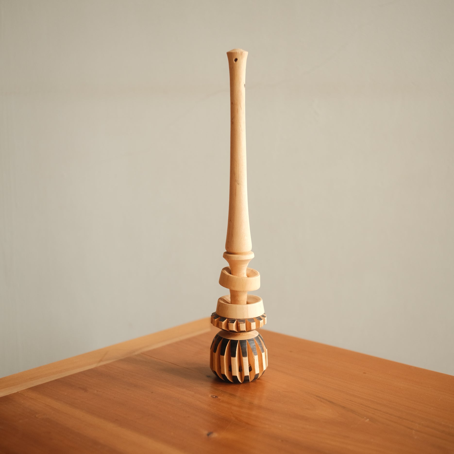 12-inch handcrafted wooden molinillo on table for cacao preparation, molinillo de chocolate, cocoa mixer