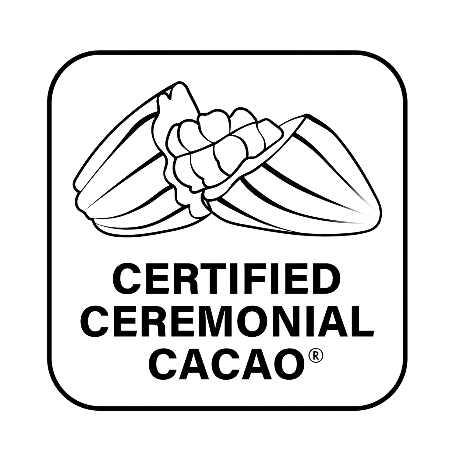 A black and white certification seal for raw Certified Ceremonial Cacao, featuring a line drawing of cacao pods above bold text inside a rounded square border